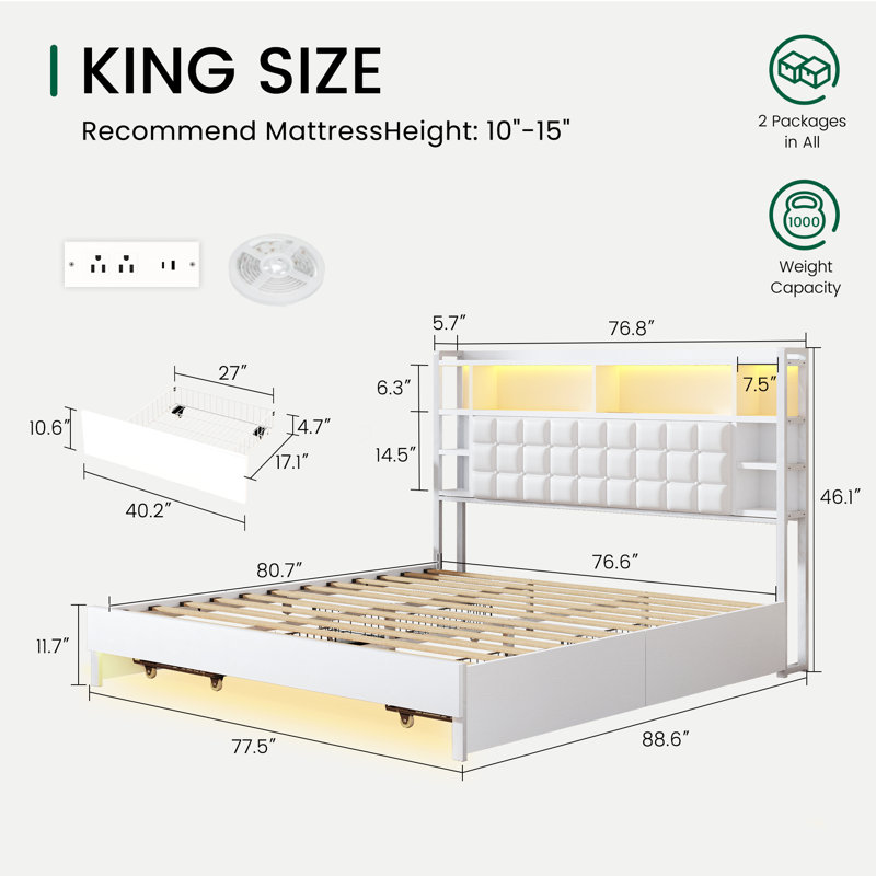 Modern Upholstered King Bed, LED Headboard with Charging Station, Quiet Support & Quick Assembly, King, White