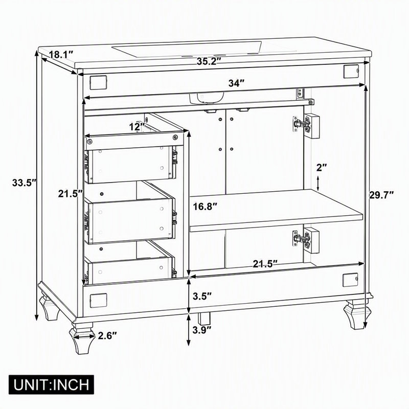 Meuble-lavabo autoportant de 91 cm (36 po) avec lavabo en céramique, tiroir rabattable, 3 tiroirs et 2 portes