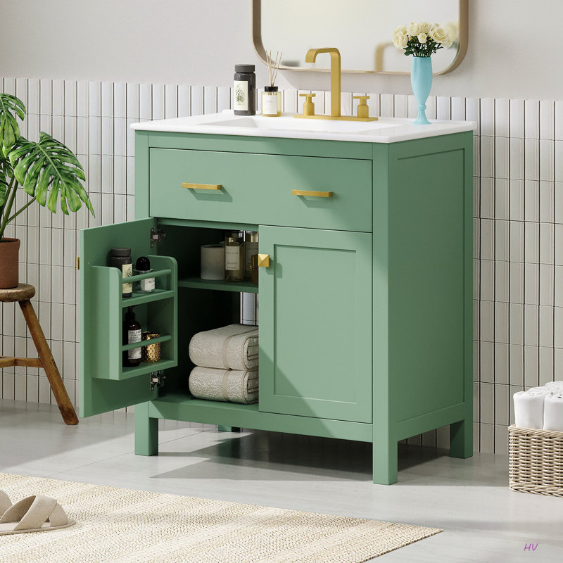Meuble-lavabo de 30 pouces avec lavabo en céramique, armoire de salle de bain simple moderne avec 2 portes et une tablette, portes à fermeture douce
