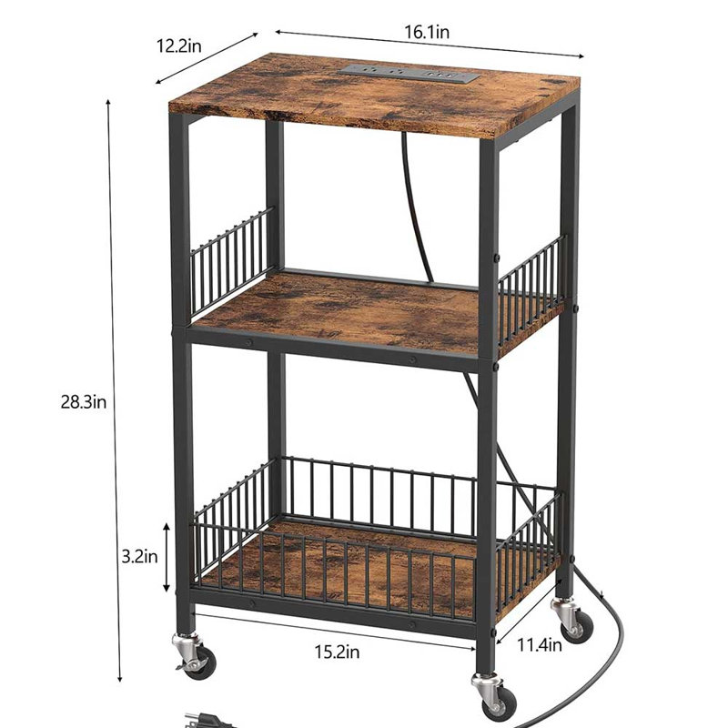 Industrial Mobile Sofa Side Table with USB Charging Ports & Power Outlets, 3-Tier Rolling Couch End Table