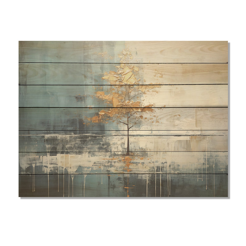 «Gold and Blue Bird Bloom Springtime IV» - Impression sur toile sur bois, H 10 po x l 20 po