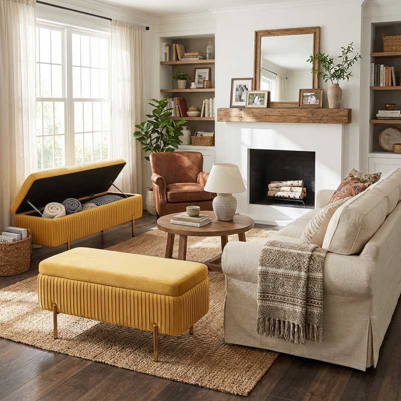 Banc de rangement en velours Leaysia, Jaune moutarde