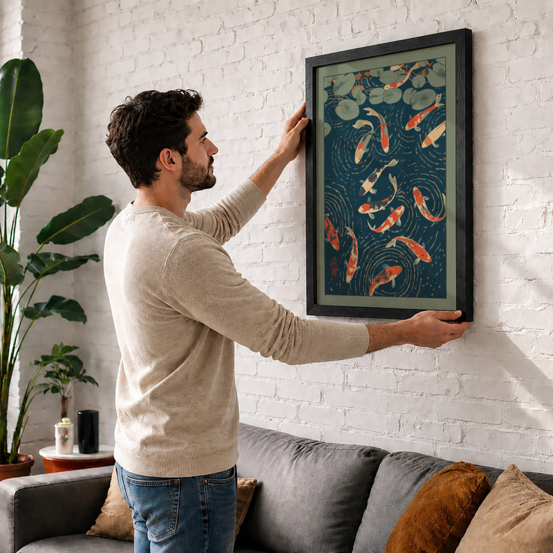 Koi in Motion Japandi - Framed Print, A2 - 59.4 x 42.0 cm, Oak