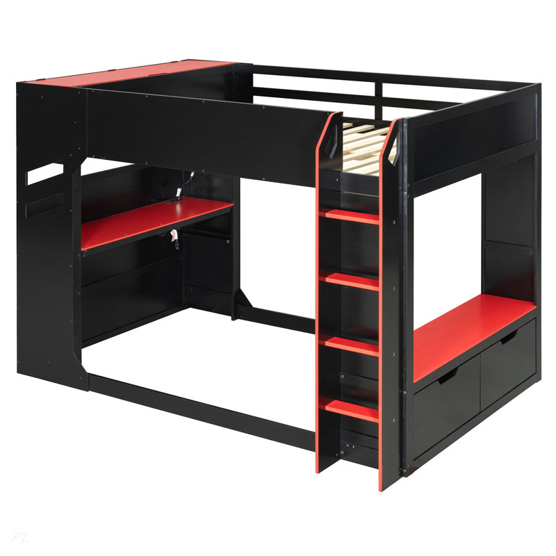 Lit mezzanine en bois avec bureau réglable en hauteur, tiroirs, compartiments de rangement, tringle et lumières RVB, Red