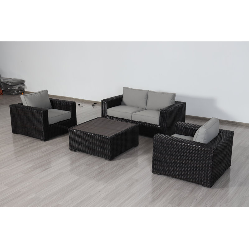 Ensemble de conversation d'extérieur avec coussins pour 4 personnes Wilodyne Wicker, Gris