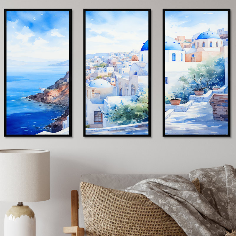 Art mural bleu et blanc Santorini Village II - Grèce, Cadre flottant noir, H 28 po x l 36 po x P 1 po