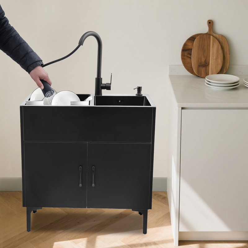 Laundry Sink With Pull-Out Faucet And Cabinet, Matte Black