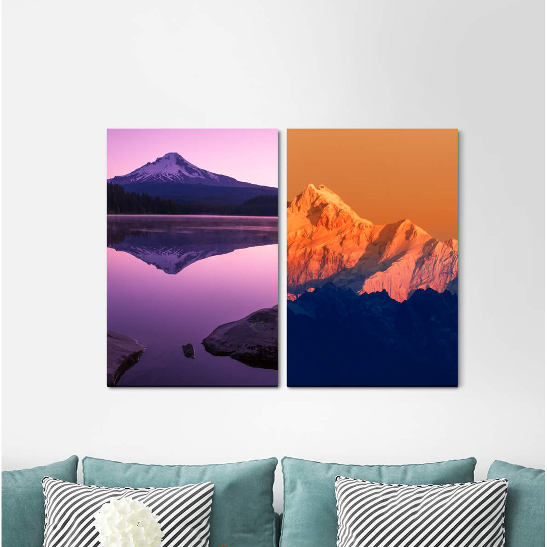 2-tlg. Leinwandbilder-Set - Fotografie „Fuji Volcano Japan Snowy Summit Lake Water Silence”