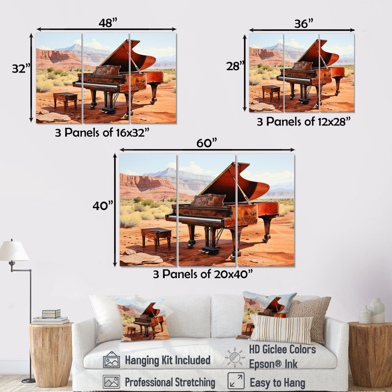 Desert Piano Melody I - Piano, art mural, Toile tendue, H 28 po x l 36 po