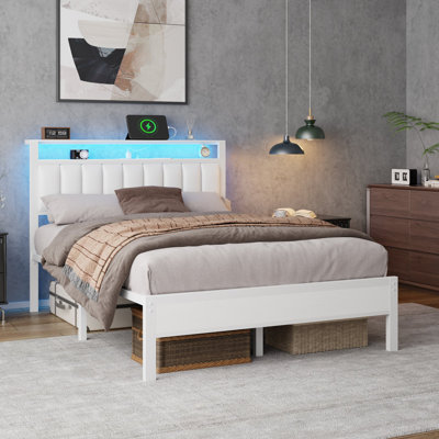 Tête de lit tapissier avec lumières DEL, station de charge, support de lattes en métal robuste, aucun sommier nécessaire