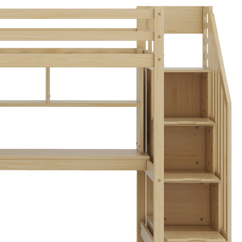 Lit mezzanine avec bureau intégré et escalier, avec compartiments de rangement et tablettes, Naturel