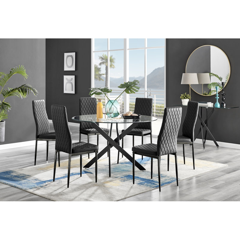 Tierra Modern Chrome Metal & Glass Round Dining Table Set with 6 Quilted Faux Leather Chairs, Black