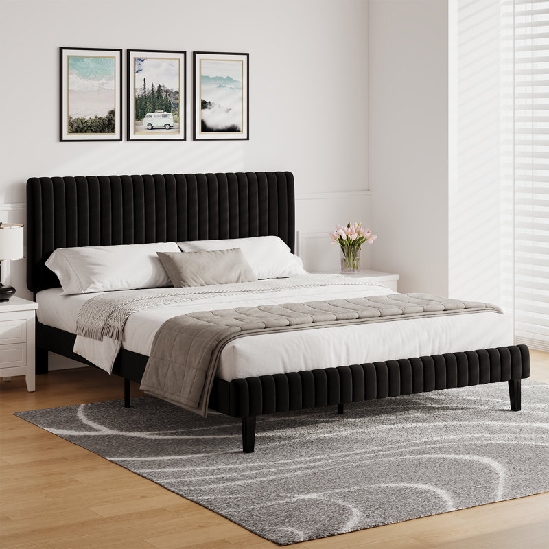 Tête de lit et pied de lit en velours avec revêtement matelassé, Grand, Noir