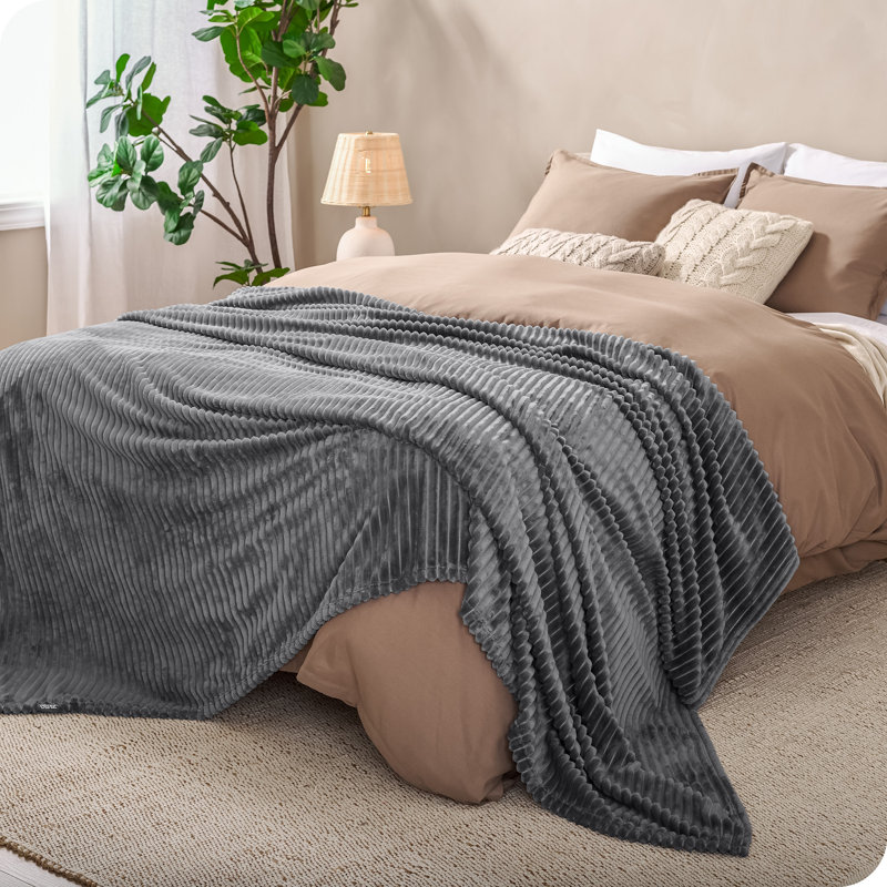 Plush Textured Microplush Fleece Blanket, Full/Queen, Ribbed Gray