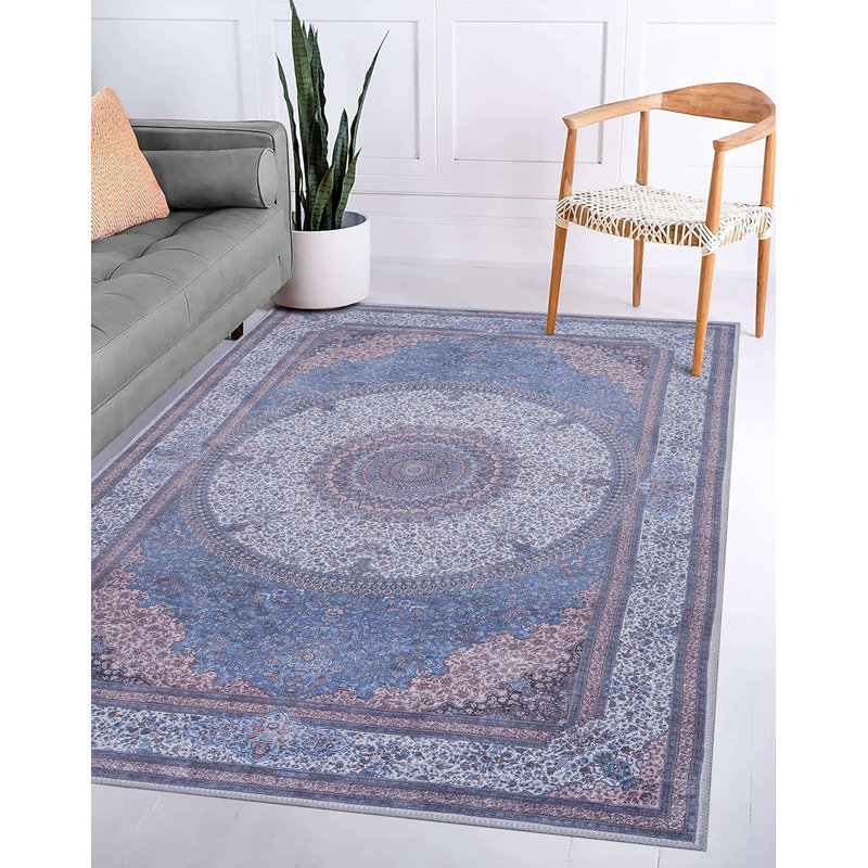 Traditional Collection - Machine Washable Area Rug, Traditional Washable, Non Slip, Low Pile Chenille Rug, Living Room, Bedroom, Kitchen Rug (2'x3' Navy/Off White)