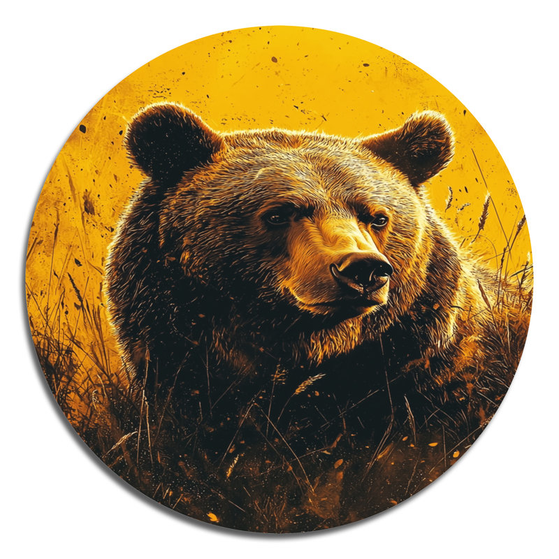 «Summer Grizzly In The Wildflowers I», art mural rond en métal pour salon, H 16 po x l 16 po