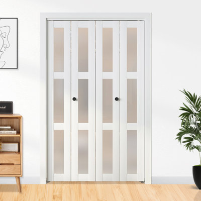 Porte de grange pliante en verre givré pliable 3-Lite avec trousse de quincaillerie d'installation