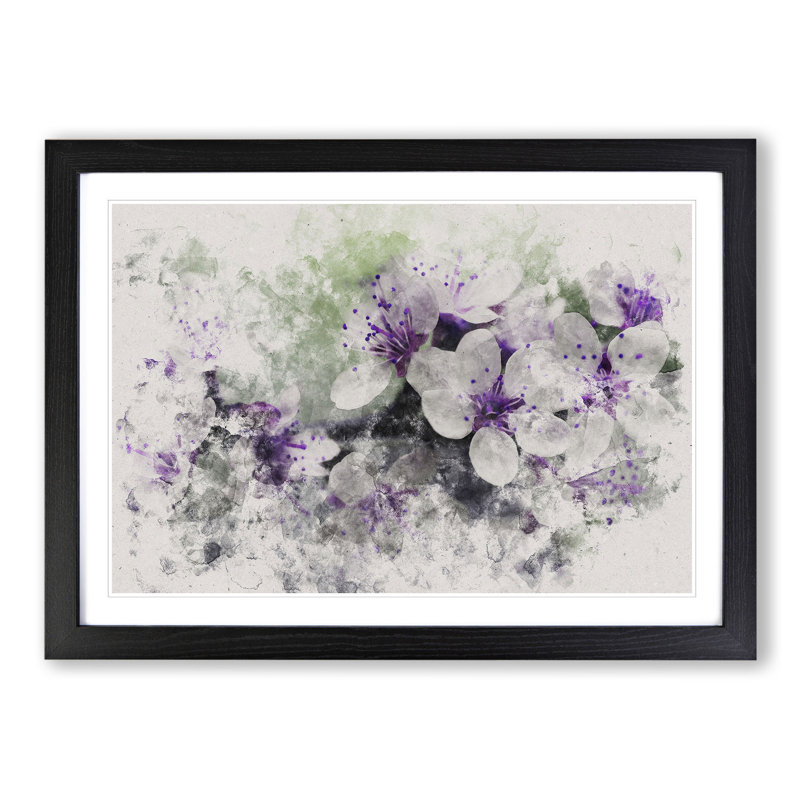 White and Purple Blossoms - Picture Frame Graphic Art, 27cm H x 36cm W x 2cm D, Black Framed