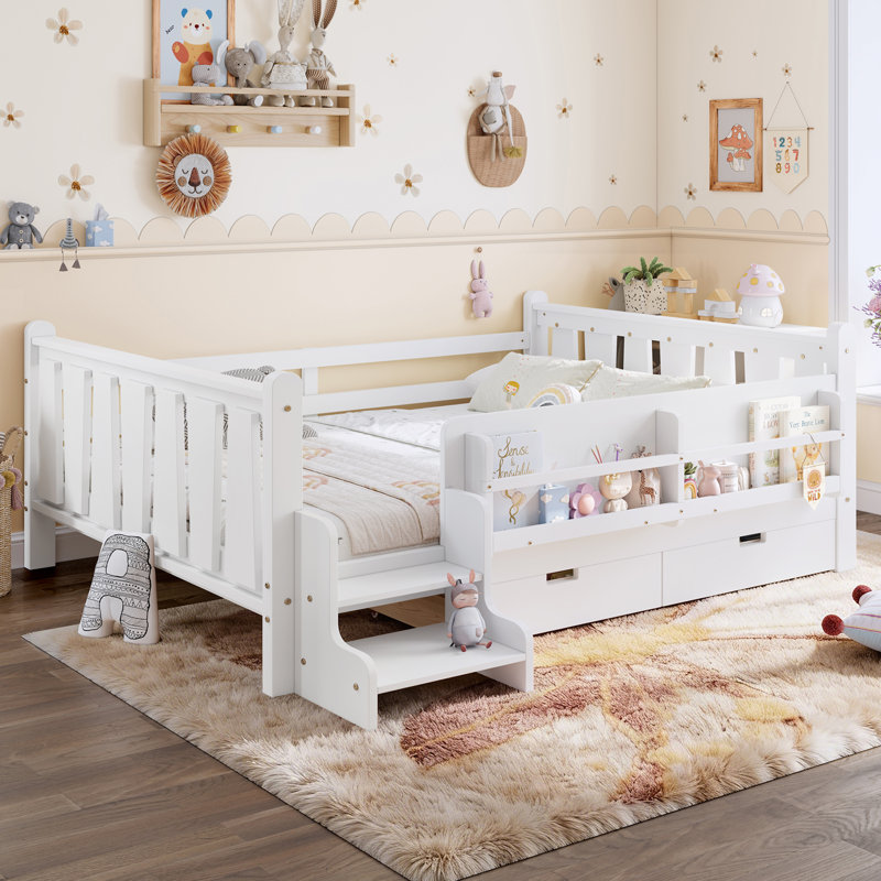 Lit double pleine grandeur pour enfant avec bibliothèque de rangement, tiroirs, escaliers et garde-corps, lit plateforme en bois massif, sans sommier, blanc