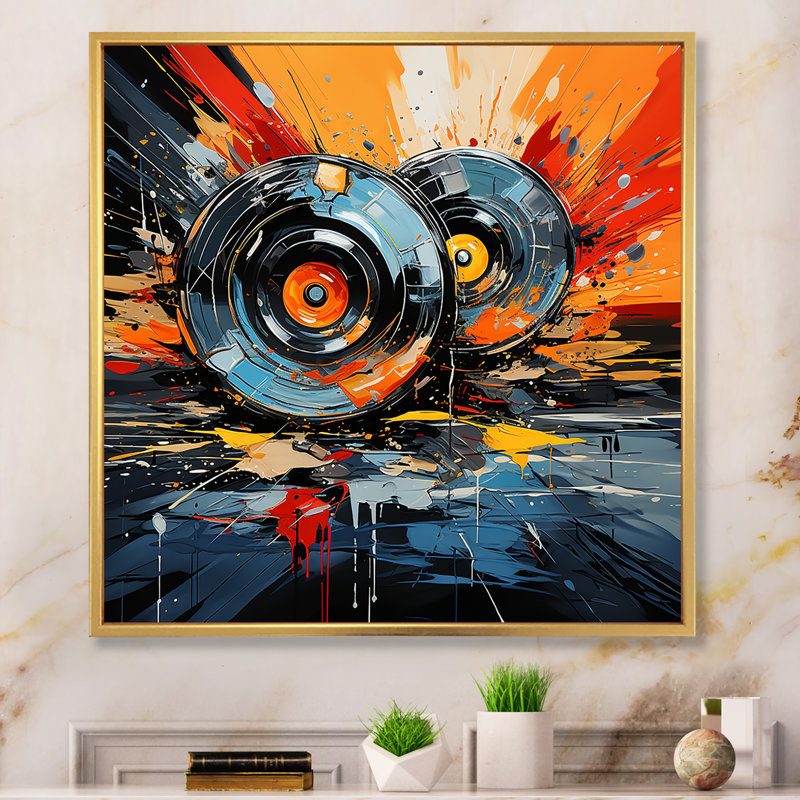 «Vintage Vinyle Music Serenade II», art mural disques vinyles, Cadre flottant doré, H 36 po x l 36 po x P 1,5 po