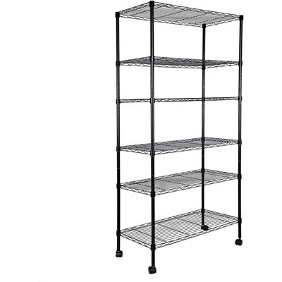  Heavy Duty 6-Shelf Shelving with Wheels, with Hanging Hooks, Wire Shelving, Adjustable Storage Units, 30'' D x 14'' W x 72'' H, 6 Tier, Black