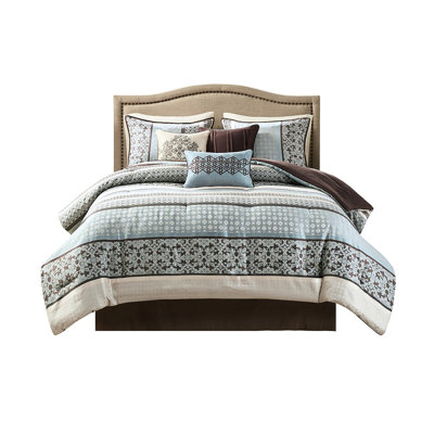 King Comforter 7 Pieces Blue - Traditional With Captivating Geometric , , Easy Care Bedding Piece In Gorgeous Design,