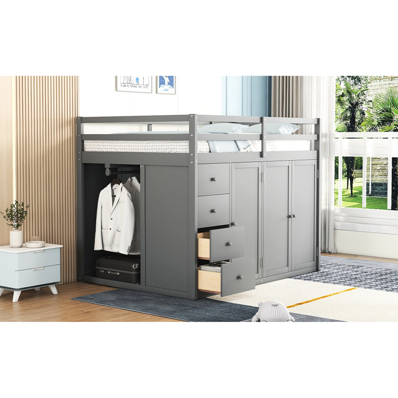 Lit mezzanine gris avec de nombreux espaces de rangement: armoires, armoires, tiroirs pour la chambre à coucher