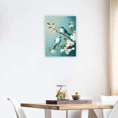 Oiseau bleu sur branche de printemps, art mural sur toile de qualité supérieure 24 po x 18 po
