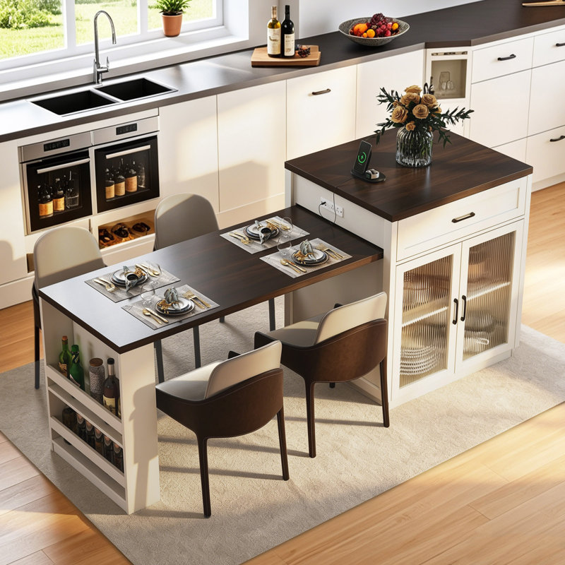 Îlot de cuisine 83,1 po avec table extensible et supports de rangement, table de salle à manger avec portes en verre