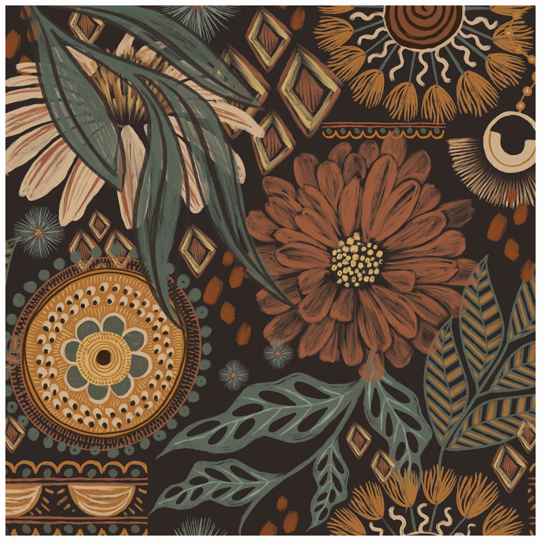 Boho Peel and Stick Wallpaper Floral Brown/Peach/Green Roll Winston Porter