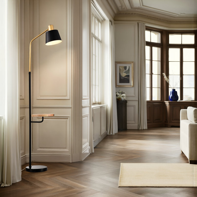 Lampe sur pied en marbre avec charge USB et table d'appoint, or mat + noir mat