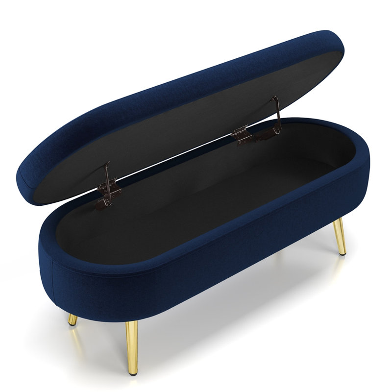 Ottoman Oval Storage Bench, Flannel with Metal Legs, Dark Blue