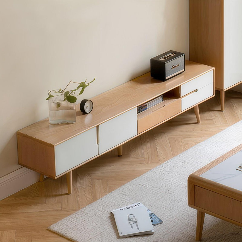 Meuble télé moderne en bois massif blanc, H 16,93 po x L 70,87 po x l 13,78 po