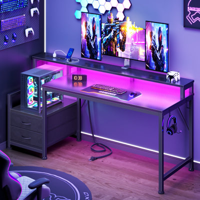 Computer Desk with RGB LED Lights, Charging Station, Monitor Stand & Drawers, Gaming Desk with Adjustable Shelves