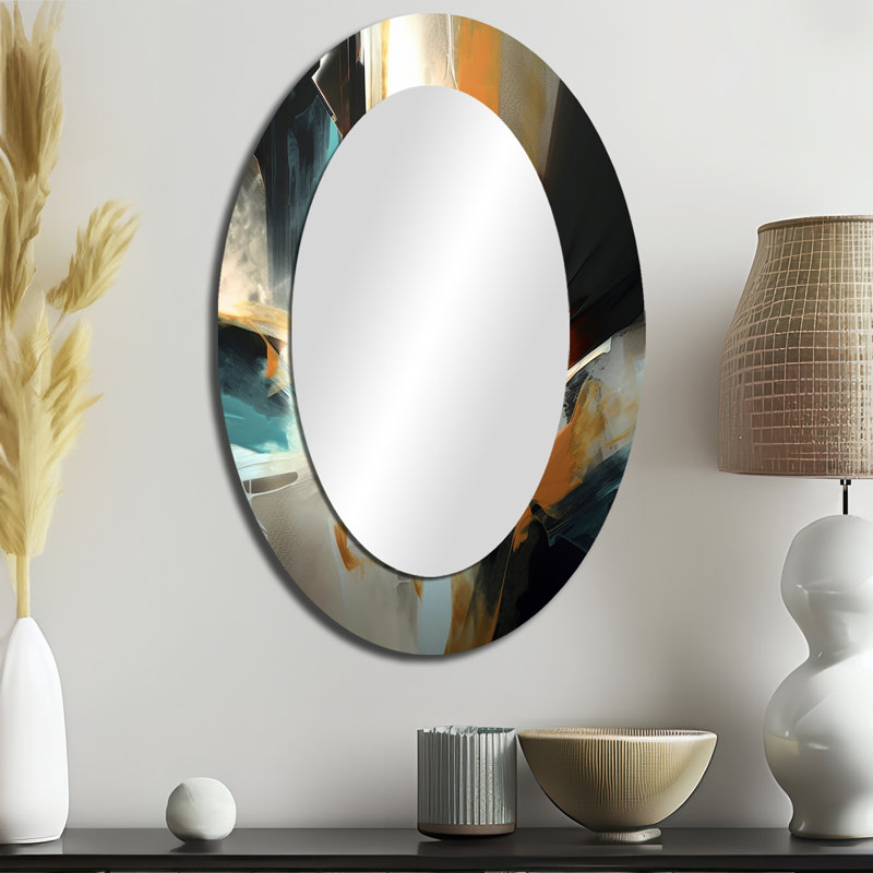 Miroir mural ovale orange et bleu à couleurs mélangées abstraites III, 36 po x 24 po