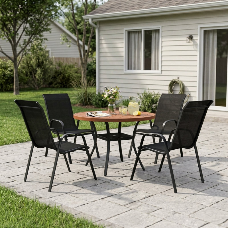 Ensemble de salle à manger de patio 4 personnes avec chaises empilables Textilene, Noir