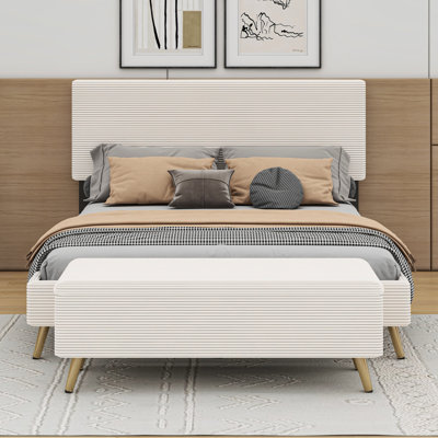 Ensemble de chambre à coucher 2 pièces avec cadre de lit tapissier grand avec repose-pieds en velours côtelé