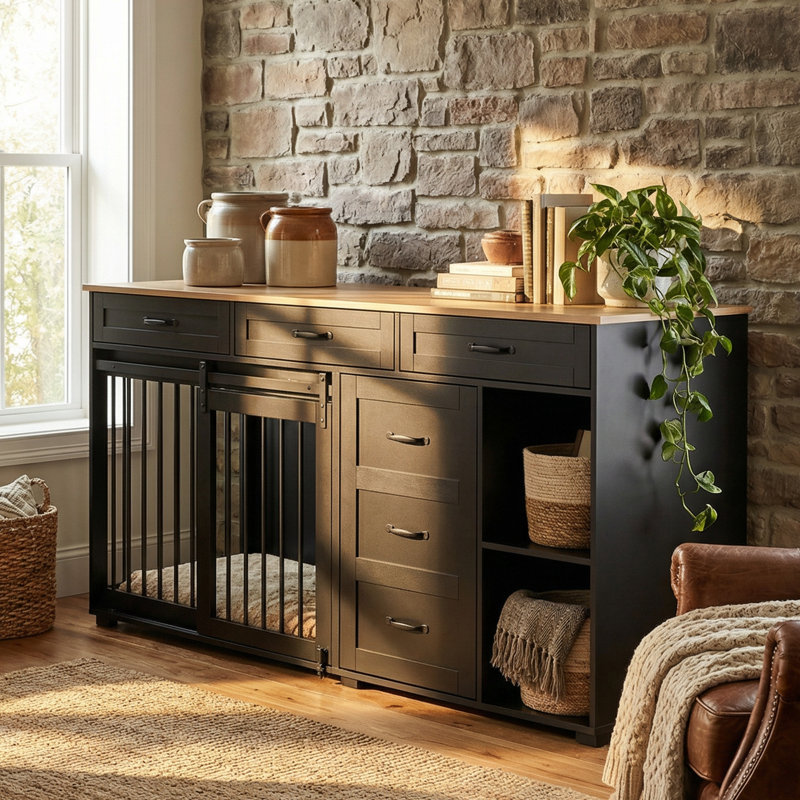 3 Drawer Two Compartment Dog Crate, Black