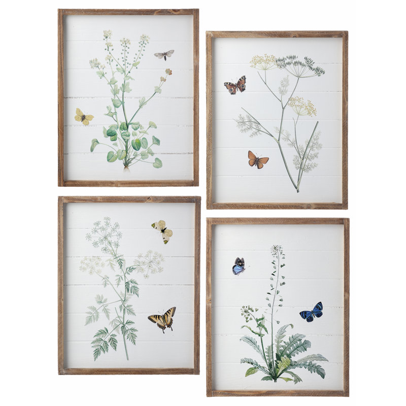 Papillon et fleur - ensemble de 4 peintures sur bois encadrées