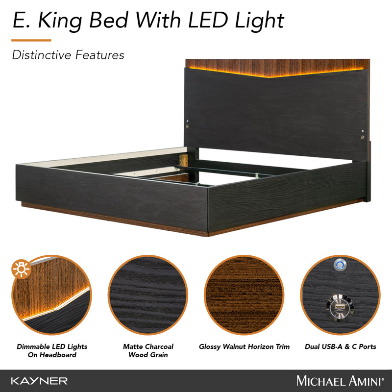 Kayner Bed With LED Lights - Charcoal, King