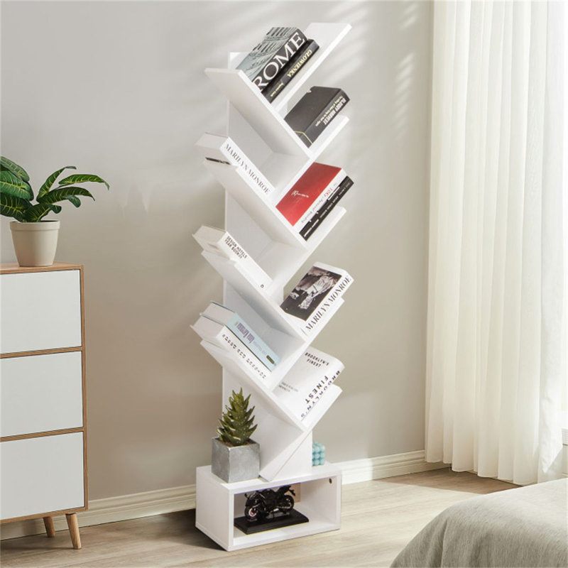 Bibliothèque en forme d'arbre avec 10 tablettes et tiroir en tissu, bibliothèque de coin pour la chambre à coucher