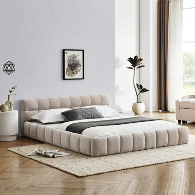 Structure de lit tapissier avec tissu épais, lit plateforme en chenille avec tête de lit et structure solide
