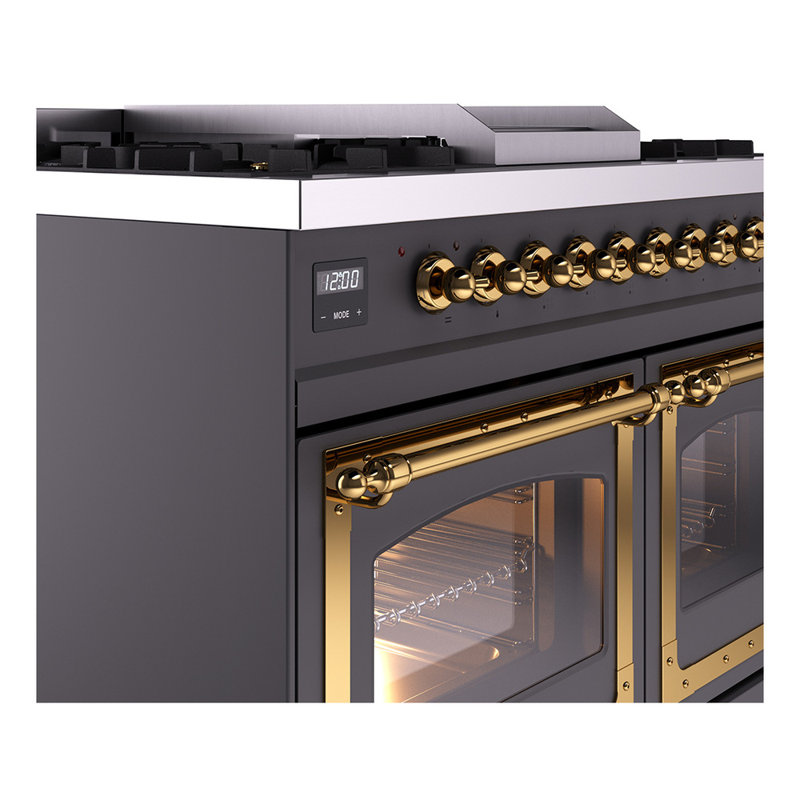 ILVE Nostalgie II Series Noblesse 40 inch Dual Fuel Range with 6 Sealed Burners, Griddle (Glass Door), Graphite Matte/Brass