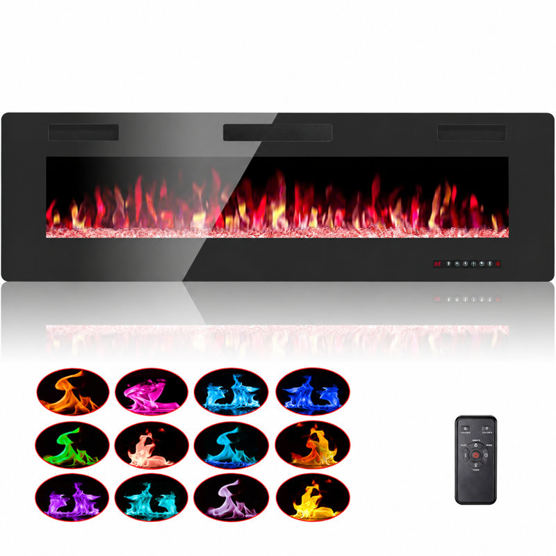 Thin Electric Fireplace, Wall Mounted & In-Wall Recessed Heater with Remote Control, 5100 BTU, 12-Color Flame & Crystal Bed Modes, Timer, Sleep Mode