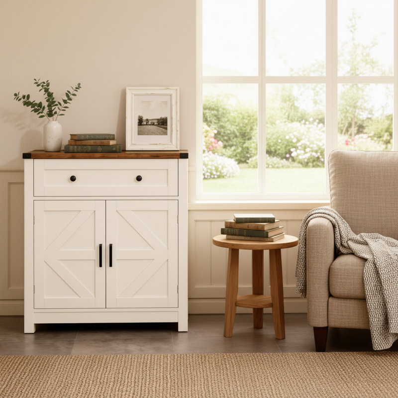 White & Wood-Grain Farmhouse Barn-Door Storage Buffet Sideboard With Drawer For Kitchen Living Room, White/Walnut