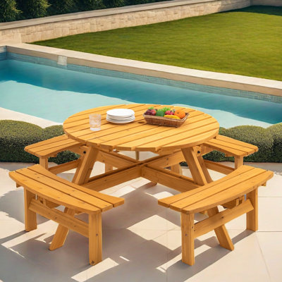 8-Person Wooden Picnic Table With 4 Built-In Benches by Latitude Run