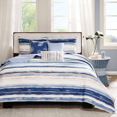 Courtepointe 6 pièces pour très grand / très grand lit - Bleu avec motif de rayures à l'aquarelle