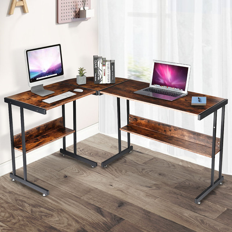 L-Shaped Metal Base Executive Desk, Brown/Black
