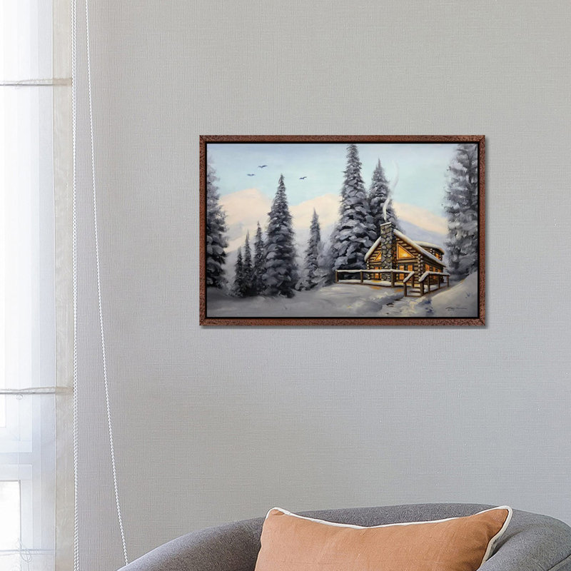 Cabin With Evergreens At Daylight by D. "Rusty" Rust - Floater Frame Gallery-Wrapped Canvas Giclée on Canvas, Brown