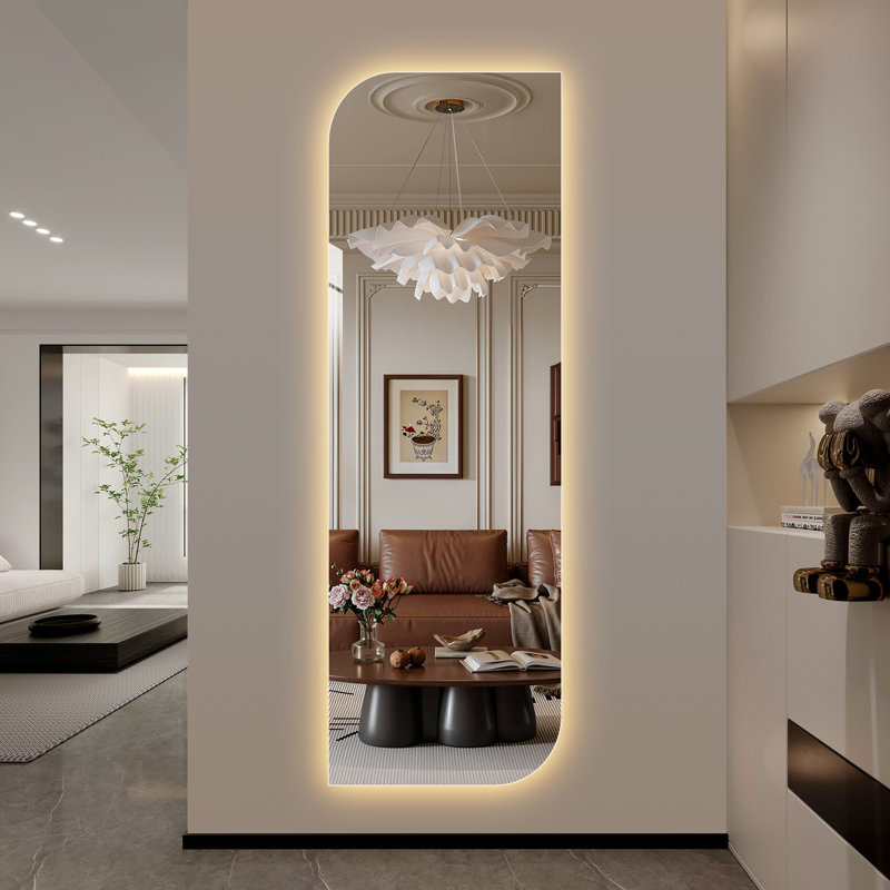 Miroir mural DEL pleine longueur 165 x 53 cm, éclairage à intensité variable 3 couleurs, pour garde-robe, miroir de forme irrégulière, installation fixe ou murale, chambre